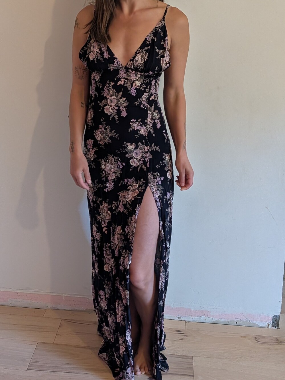 Flynn Skye Black Maxi Slip Dress with Pink Floral Print